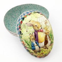 6" Peter Rabbit Bunny Trio with Gingham Border Papier Mache Easter Egg Container ~ Germany